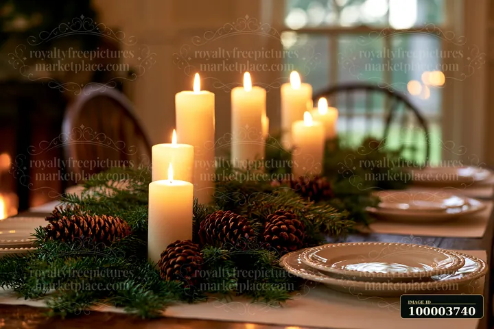 Glowing candles, evergreen branches, and pine cones form a Christmas centerpiece on a dining table.