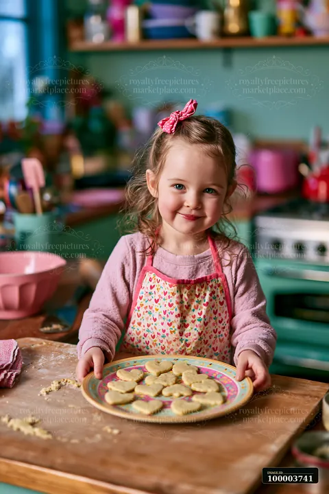 A child holds a plate of heart shaped cookies in a kitchen filled with baking tools and colorful decorations.