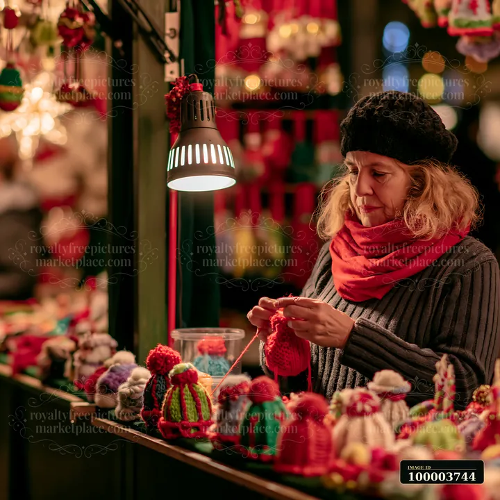 A vendor creates handmade ornaments at a Christmas market stall in a festive setting.