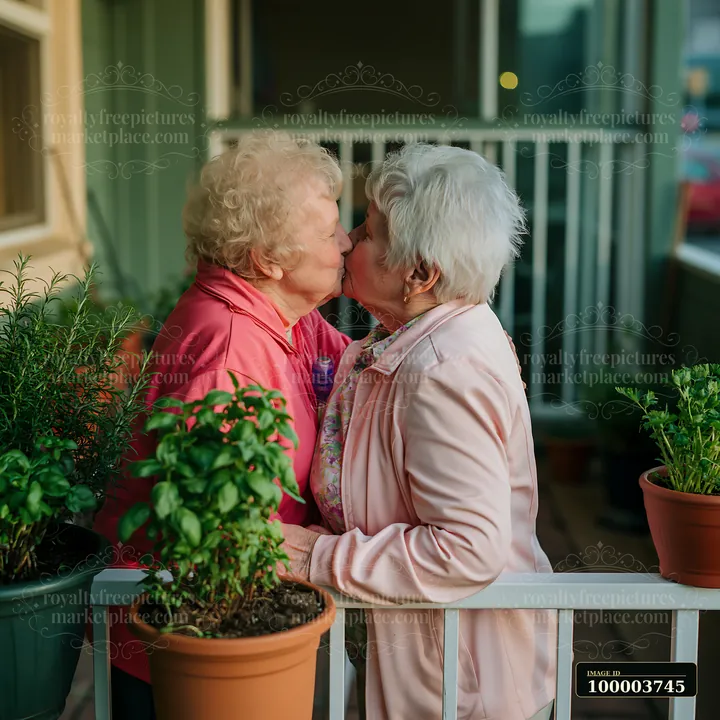 Two elderly partners share a kiss on a porch surrounded by potted plants.