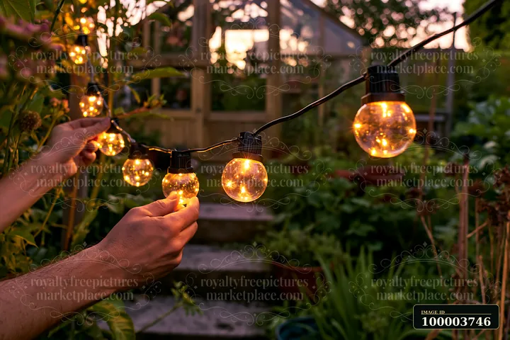 Hands are connecting string lights along a staircase in a garden at sunset.