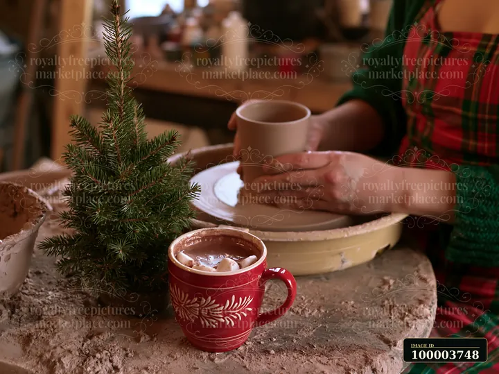 Red mug of cocoa topped with marshmallows sits beside a small evergreen tree as a person holds another mug.