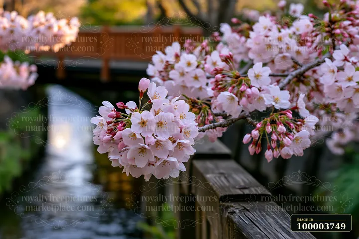 Pink cherry blossoms fill the foreground beside a flowing garden stream and wooden railing.