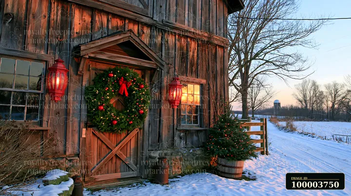 Snowy rustic farmhouse entrance decorated with a green wreath, red lanterns, and a lit Christmas tree.