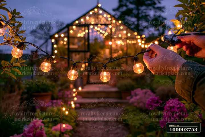 Hands are seen hanging string lights along a garden path leading to a greenhouse.