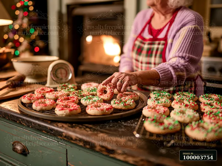 A person decorates Christmas cookies with colorful sprinkles in a warm kitchen.
