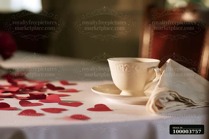 Red paper hearts scattered on a white table complement a cup and saucer.