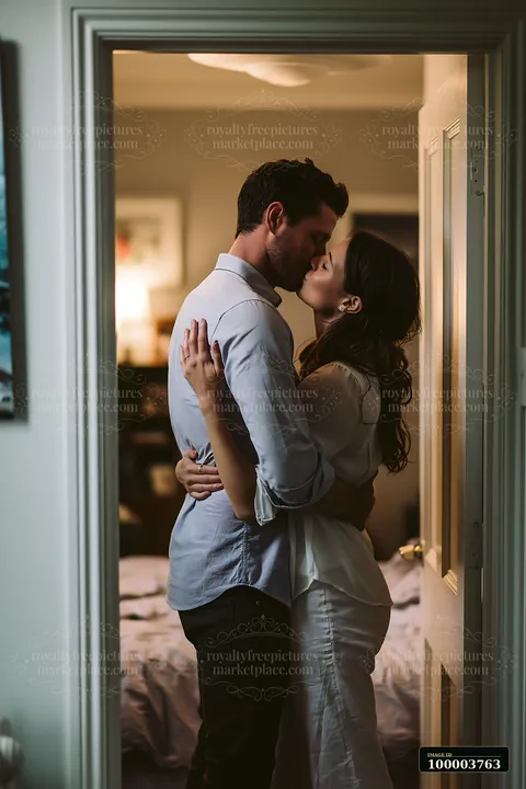 A couple shares a kiss at the doorway of their home before heading to work.