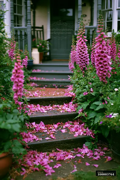 Pink foxglove flowers frame petal-covered steps leading to a cottage entrance.