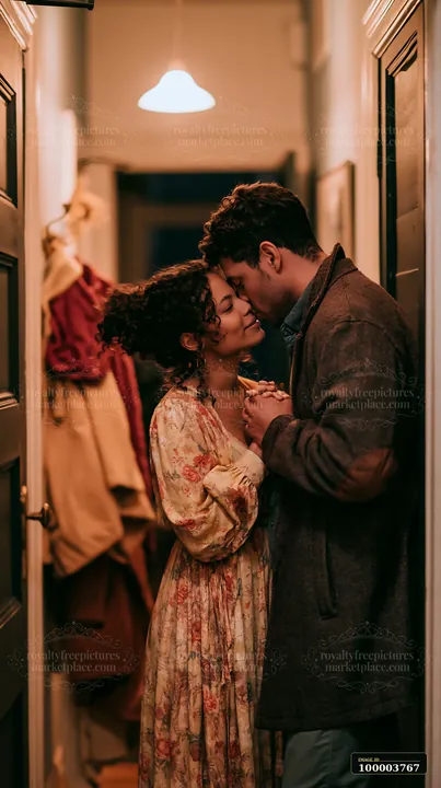 A couple shares a gentle kiss in a hallway surrounded by clothing.