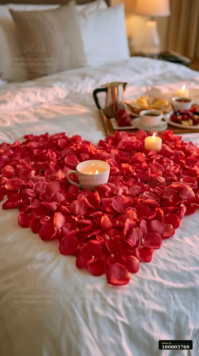 Red flower petals are arranged in the shape of a heart on a bed.