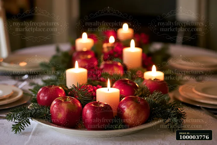 Christmas centerpiece with glowing candles, red apples, berries, and evergreen branches on a dining table.