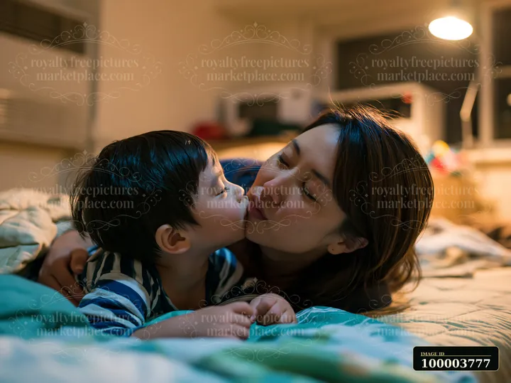 Child kisses a parent while lying together on a bed in a warmly lit bedroom at bedtime.