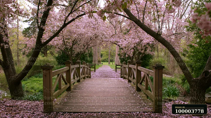 Flowering trees line a wooden bridge, with petals covering the path below.