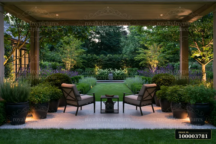 Covered garden pavilion with two lounge chairs overlooking a formal flower garden at evening