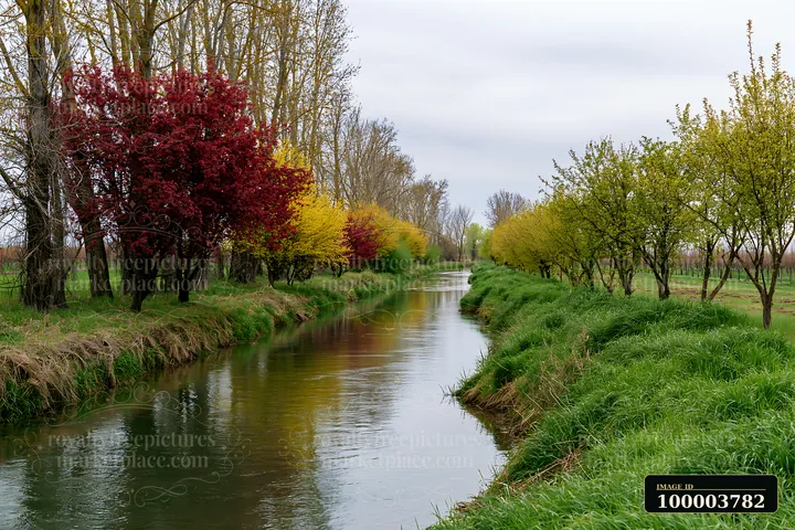 Colorful spring trees line a rural stream beside grassy banks and cultivated fields under an overcast sky.