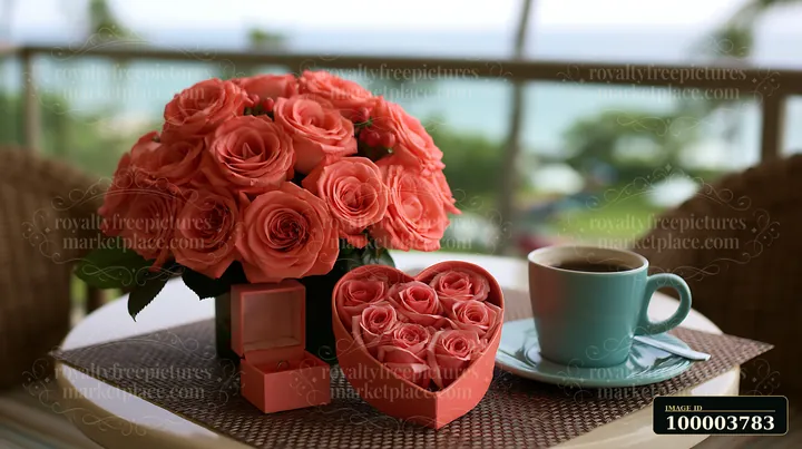 Heart-shaped box filled with roses beside an open ring box, bouquet, and coffee cup on a table.