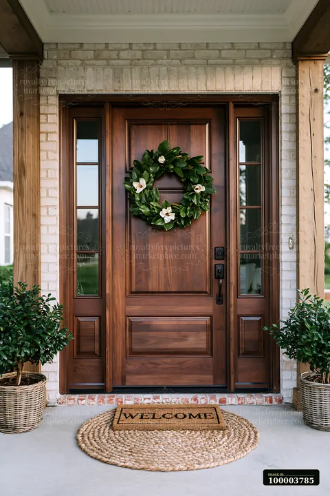 Wooden entrance door features a decorative wreath and a welcome mat.