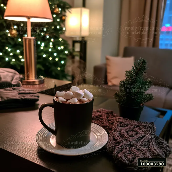 A black mug filled with warm cocoa and topped with marshmallows sits on a table in a cozy living room.