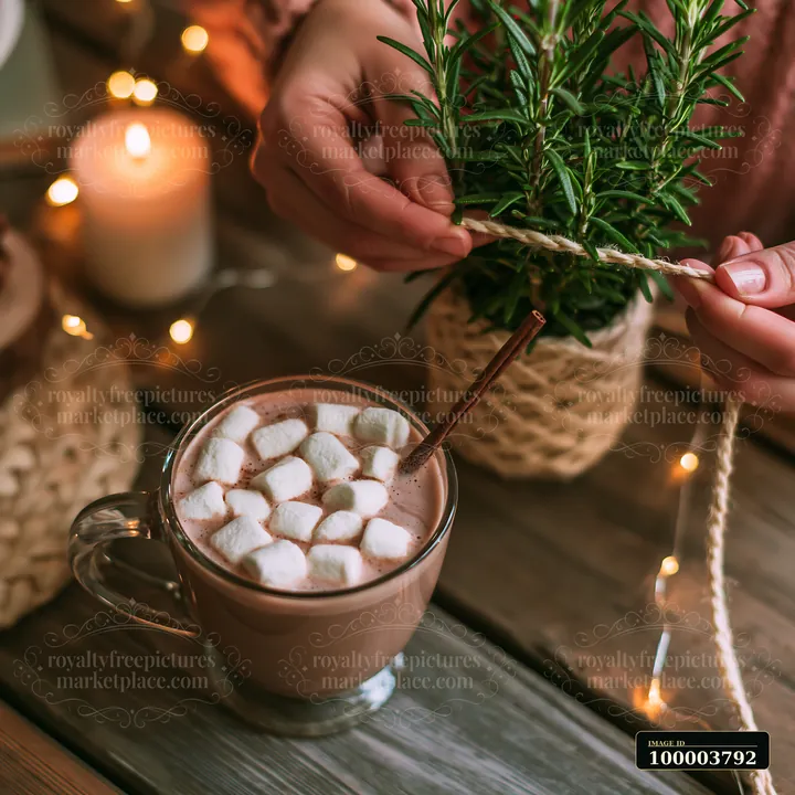 A cup of warm cocoa topped with marshmallows sits on a wooden table.