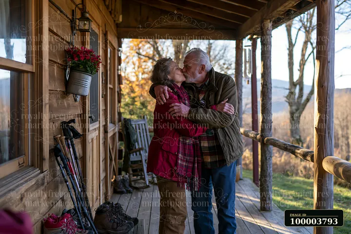 Elderly couple kisses and embraces on a rustic wooden porch overlooking autumn trees and distant mountains.