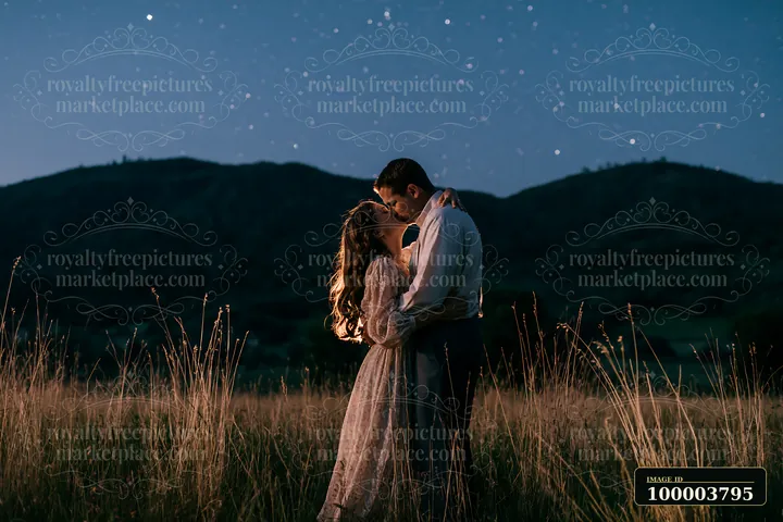A couple stands in a field, embracing and kissing under a sky filled with stars.