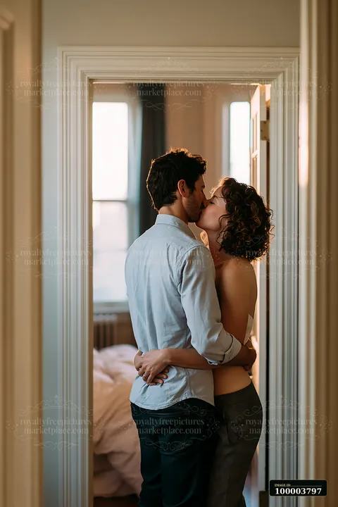 A couple is embraced in a doorway, sharing a kiss as they prepare to leave for work.
