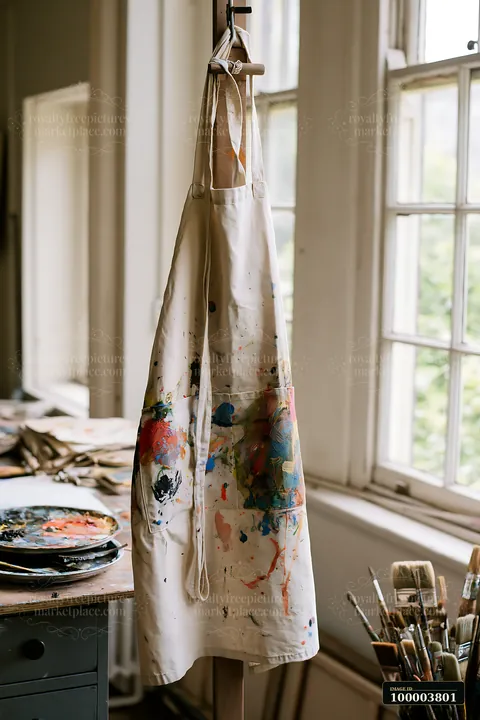 An artist apron hangs from a hook in a well-lit studio, displaying vibrant paint splatters.