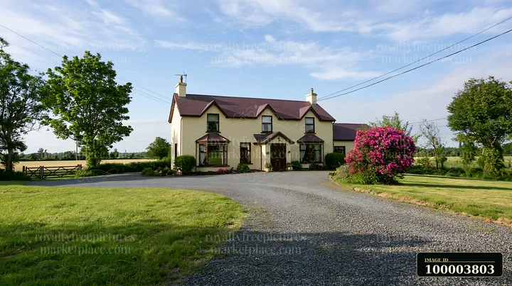 Country house beside a wide gravel driveway, green lawn, flowering shrub, trees, and open farmland under a blue sky.