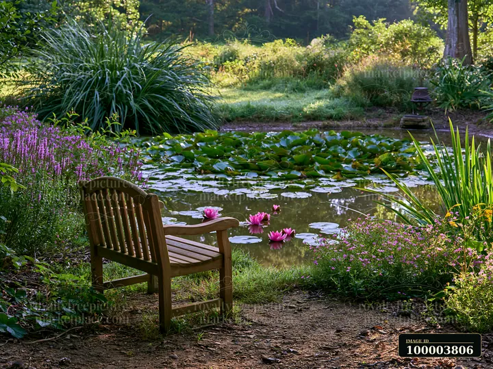 Water lily pond with pink blooms, wildflowers, lush greenery, and a wooden chair in a sunlit garden.