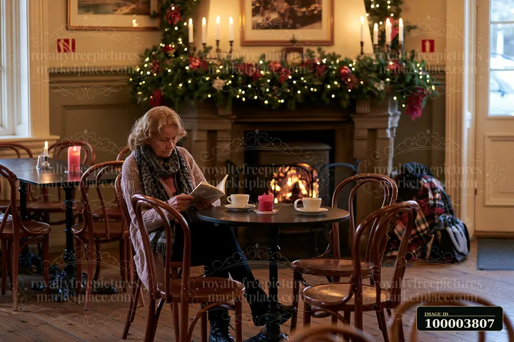 Woman reads at a coffee shop table beside a lit fireplace decorated with Christmas greenery and lights.