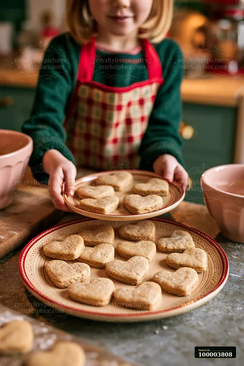 Person in an apron presents plates of heart-shaped cookies on a kitchen counter.