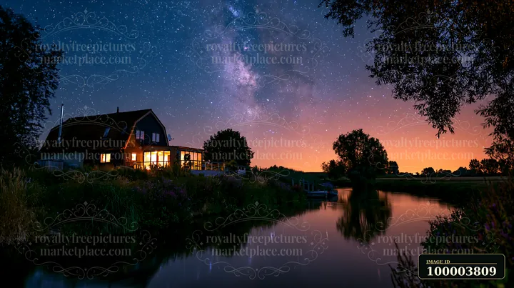 Illuminated house beside a calm river beneath the Milky Way and a colorful dusk sky.