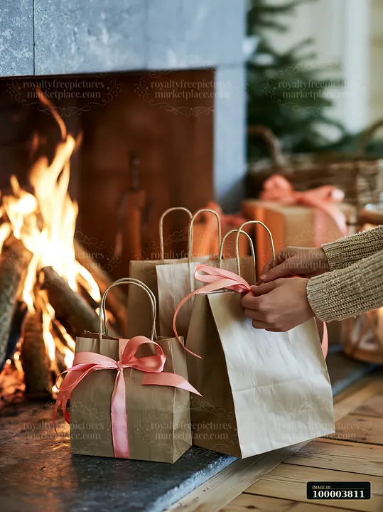 Shopping bags are arranged beside a fireplace filled with logs and a warm fire.