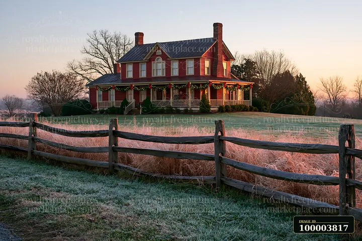 A traditional farmhouse features holiday garlands and stands on a frosty morning.