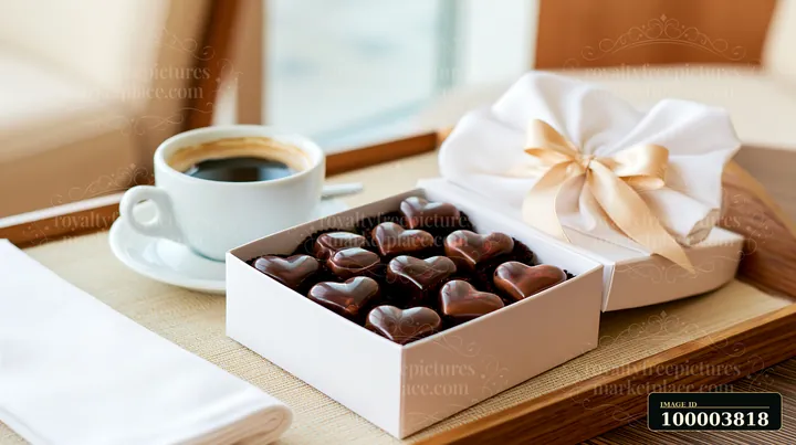 Heart-shaped chocolates fill an open gift box beside a cup of coffee on a wooden table.