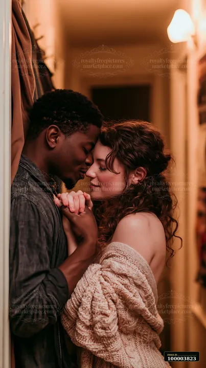 Couple stands closely together in a warmly lit home as one gently kisses the other's hand.