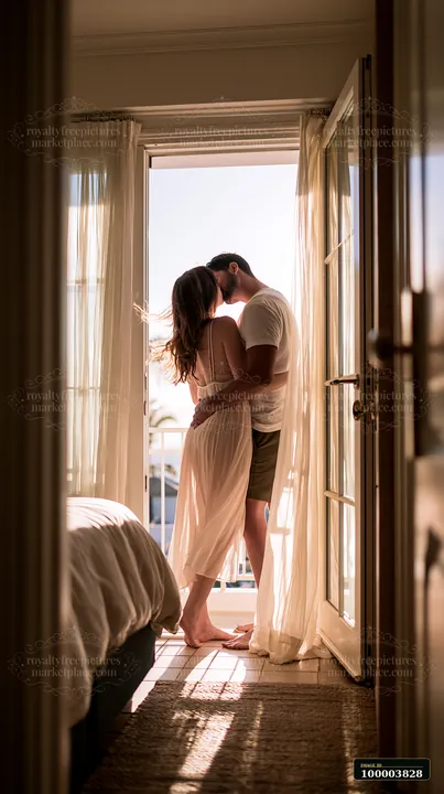 A couple kisses in a bright bedroom with open doors, warm sunlight illuminating the space.