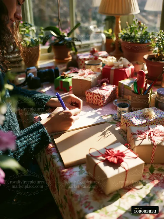 Person writes in a notebook at a desk surrounded by wrapped gifts and potted plants.