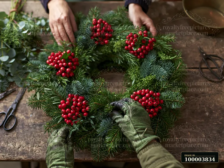 Hands are seen arranging a wreath made of pine and red berries on a wooden table.