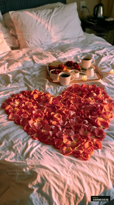 Heart-shaped red and pink rose petals decorate a white bed beside breakfast, coffee, and candles.
