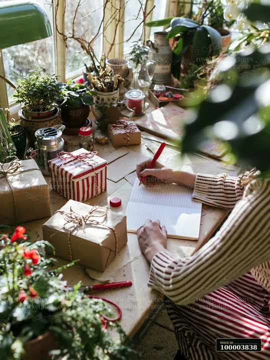 Person writes on a lined gift list beside wrapped presents at a sunlit desk surrounded by plants.