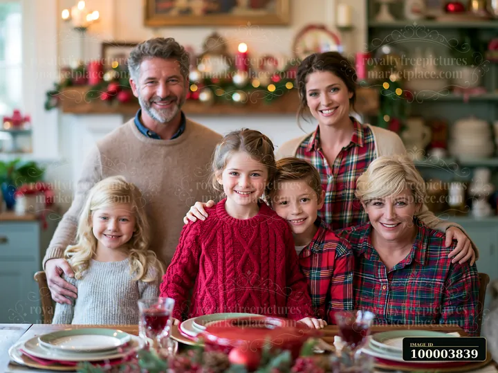 Six family members smile together at a Christmas dining table in a warmly decorated home.