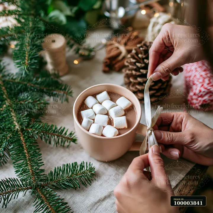 A person ties a ribbon on a cup of warm cocoa with marshmallows on a table.