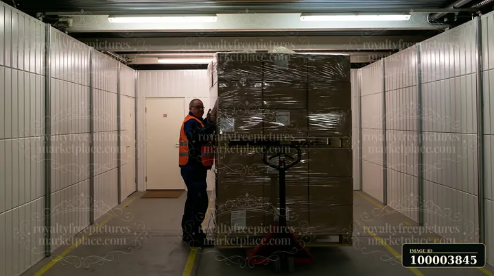A worker moves a pallet of boxes within a storage unit aisle.