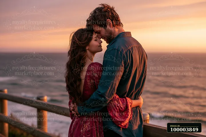 A couple stands by the ocean during sunset, with one partner kissing the other on the forehead.