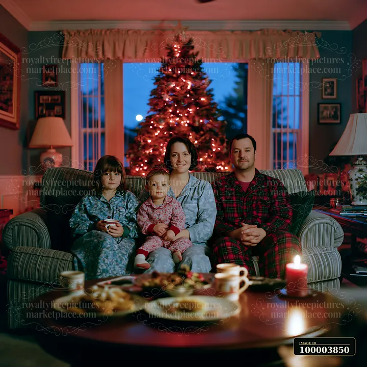 Family sits together on a sofa beside a glowing Christmas tree during a cozy holiday evening at home.