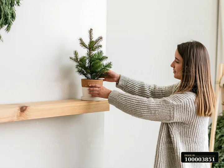 A woman is arranging a small tree in a pot on a wooden shelf in an apartment.