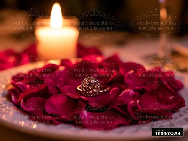 Engagement ring rests among scattered red rose petals on a plate beside a glowing candle.