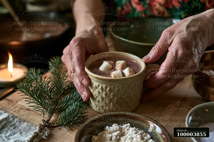 Hands hold a rustic mug of cocoa topped with marshmallows beside evergreen branches and a lit candle.